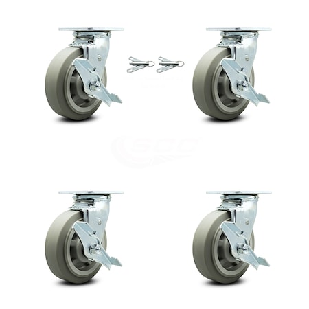 Service Caster 6 Inch Thermoplastic Rubber Caster Set with Roller Bearing 4 Brake 2 Swivel Lock SCC-30CS620-TPRRF-TLB-BSL-2-TLB-2